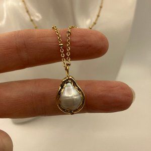 Pearl Baroque Keshi Pearl golden edge Pendant + 18 in stainless steel chain + ex